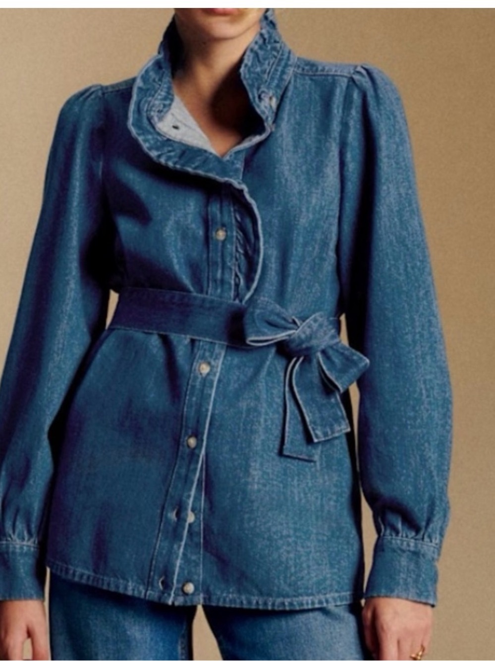 Sezane Blue Ruffled-Collar Belted Denim Blouse